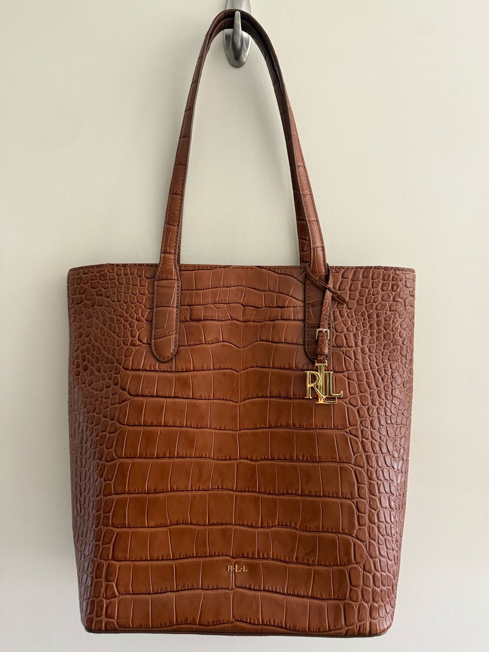 LRL Ralph Lauren Croc Embossed Leather Tote Bag Purse Bourbon Brown Crocodile